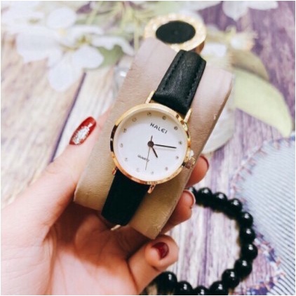 Đồng hồ cặp đôi nam nữ Halei mặt đá dây da đen chính hãng Tony Watch 68