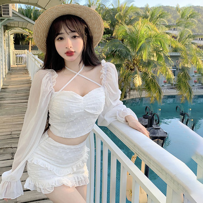 Áo Croptop Tay Dài Dáng Ôm Vải Voan Phối Dây Cột Họa Tiết Chấm Bi Thời Trang Cá Tính Cho Nữ