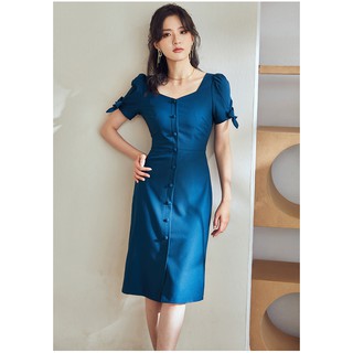 Đầm tay ngắn phồng đính nơ nhỏ xinh nút bọc sang trọng dự tiệc
