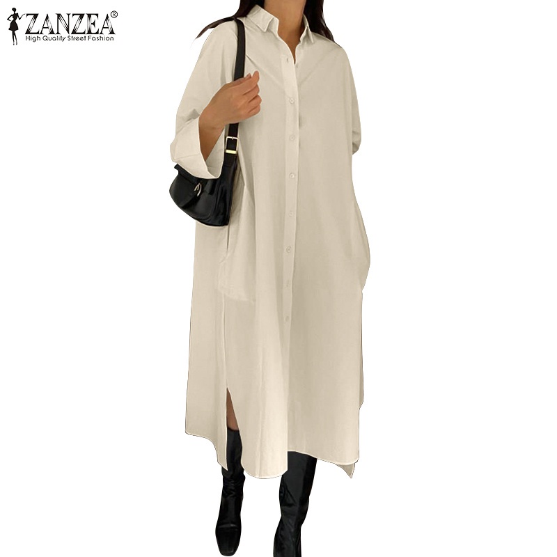 Đầm maxi ZANZEA cổ lật dài nút dáng rộng màu trơn phong cách vintage dành cho nữ