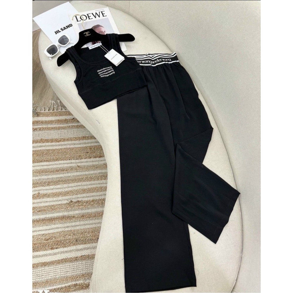 Set bộ nữ áo ba lỗ croptop 3 dòng chữ trước quần dài suông rộng bản lưng chữ hot MK70
