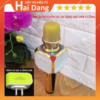 Mic Hát Karaoke, Micro Bluetooth SD-10 Tặng Củ Sạc 3 Cổng Sạc USB - Mic Hát Karaoke Kèm Loa Bluetooth Âm Thanh To Trầm