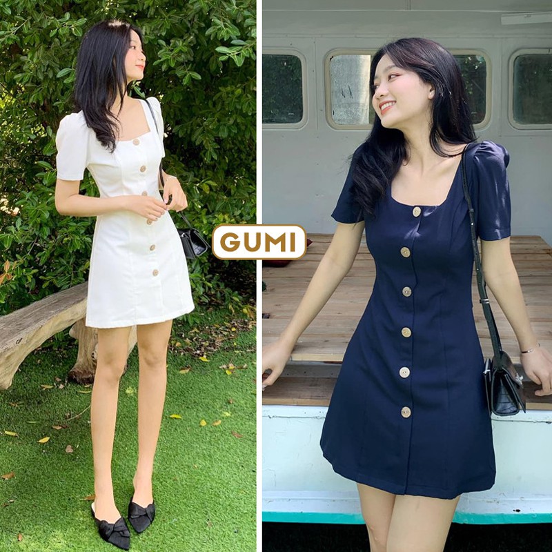 Đầm nữ dự tiệc dáng chữ A tay phồng cổ vuông 6 nút gỗ Gumi trẻ trung sang trọng - GM2067