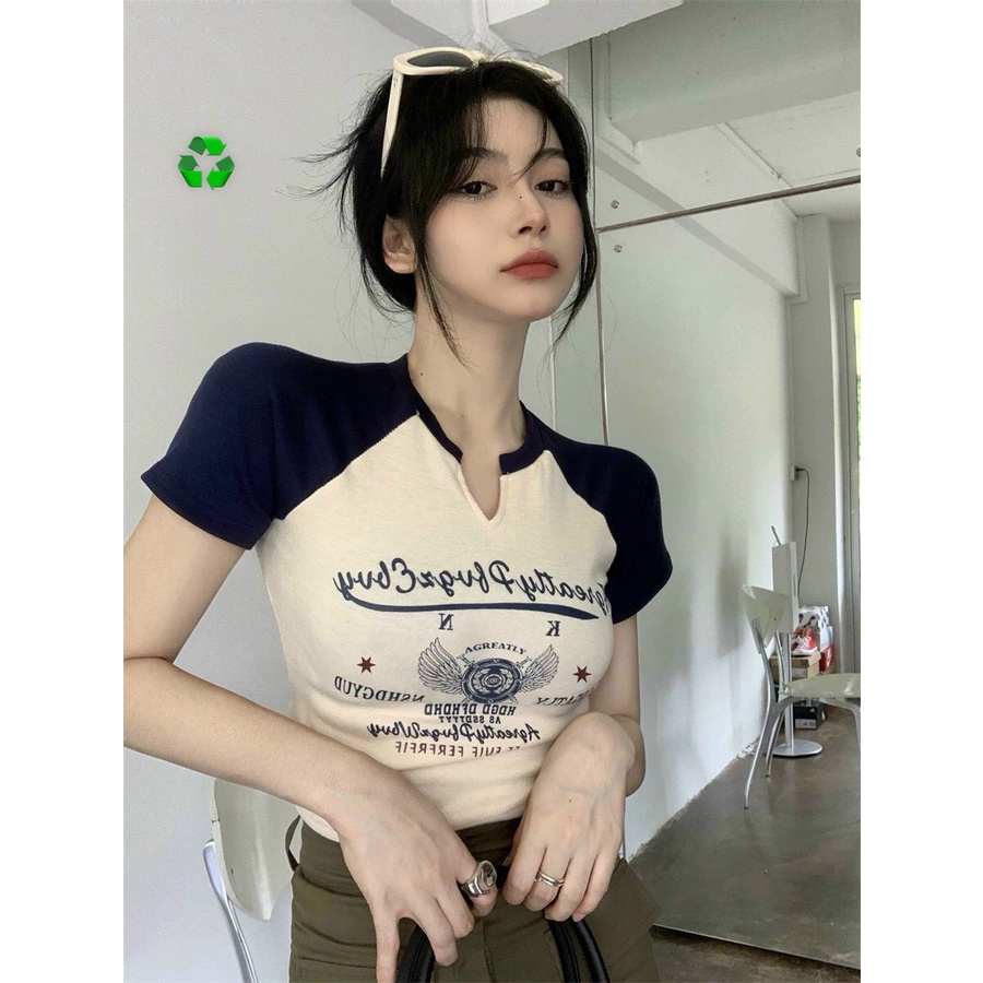 Áo thun nữ kiểu cổ tròn tay ngắn in họa tiêt dáng croptop phối màu 40