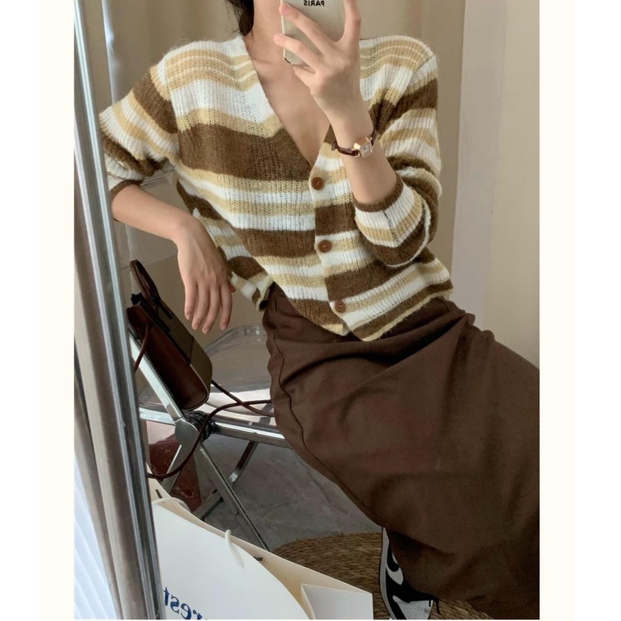 Áo len ZHELIHANGFEI tay dài cổ chữ V họa tiết kẻ sọc thời trang dễ thương cho nữ
