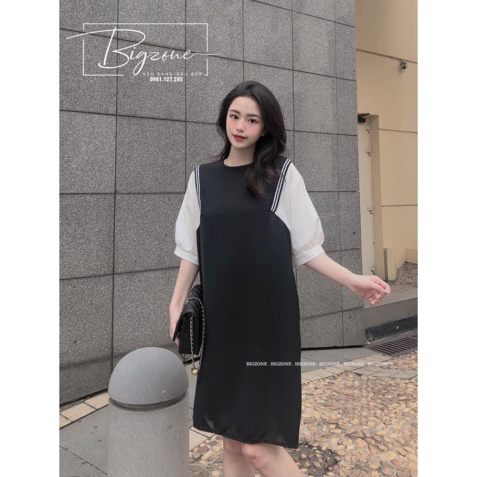 Váy đầm bầu thời trang bigsize dáng suông màu đen tay trắng kẻ sọc viền thoáng mát cho mẹ bầu từ 55kg đến 75kg . ࿈