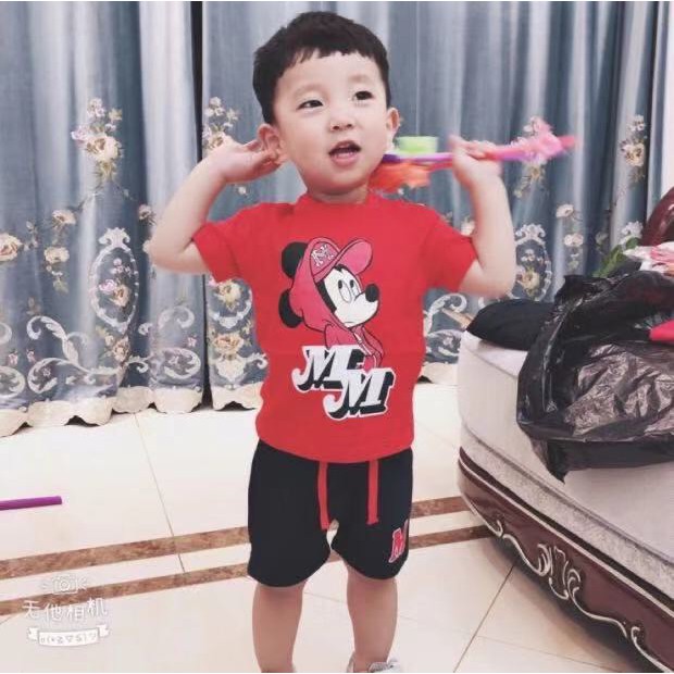 ĐỒ BỘ CHO BÉ TRAI CAYABE CHUỘT MICKEY ÁO ĐỎ QUẦN XANH ĐEN (QUẦN ÁO TRẺ EM)