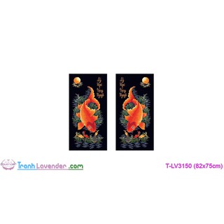 [T-LV3150]Tranh thêu chữ thập Con cá Lý Ngư Vọng Nguyệt (82x75cm)