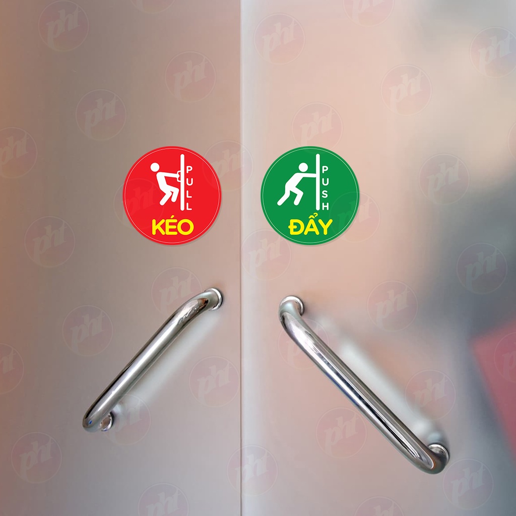Set combo 2 biển báo "ĐẨY - KÉO Cửa Ra Vào PULL - PUSH, CỬA KÍNH TỰ ĐỘNG / CỬA LÙA decal chống nuớc cáng màng kim tuyến.