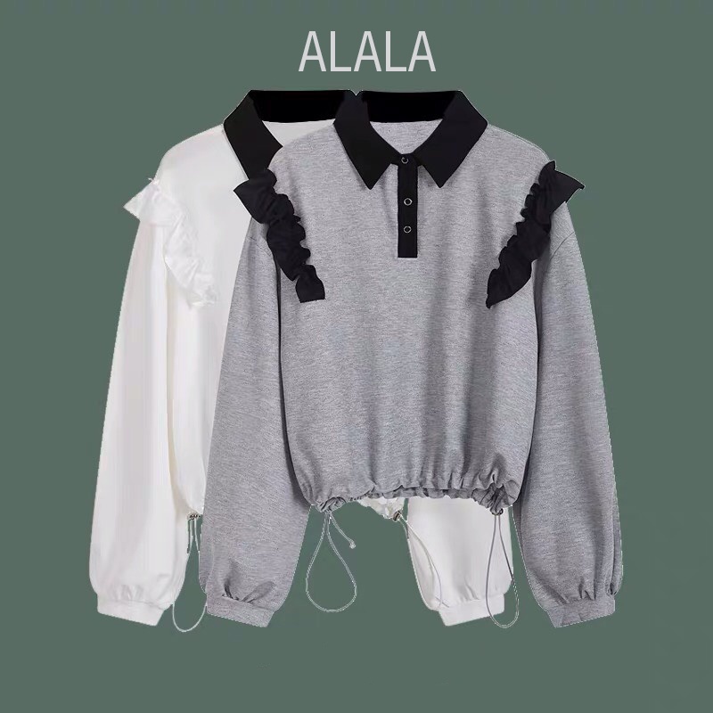 Áo thun polo nữ dài tay dây rút phối viền bèo nhún dàng ngắn Croptop ALALA thu đông