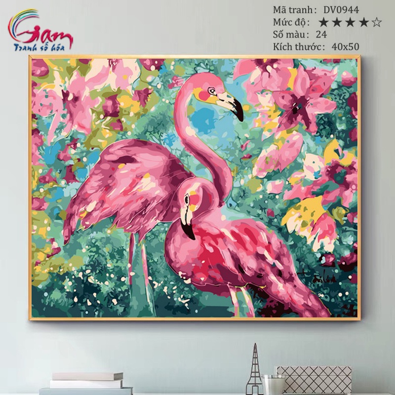Tranh tô màu theo số đôi chim hồng hạc flamingo có sẵn đã căng khung 40x50cm DV0944