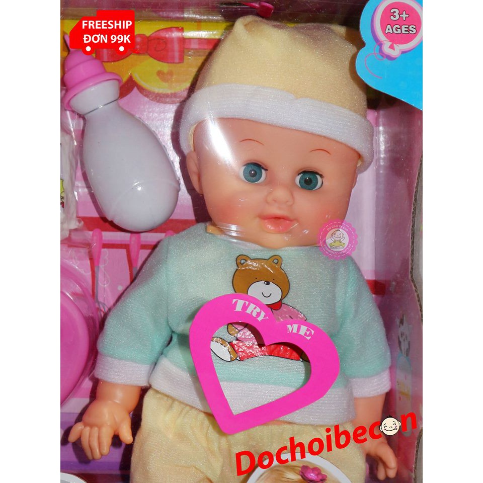Búp bê Baby Doll bình sữa bé trai đội nón 1199: Biết nói, uống nước, đi vệ sinh (tè), mắt nhắm mở, da mặt và tay mềm