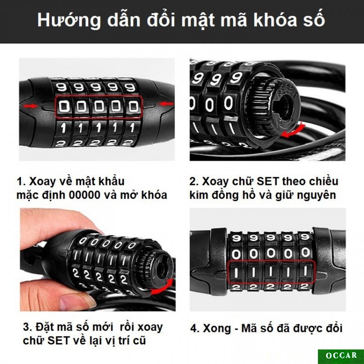 Khóa  chống trộm, khóa dây xe đạp, xe máy chống trộm có mã 5 số bảo mật cao, khóa dây cao cấp, khóa dây chống trộm.Occar