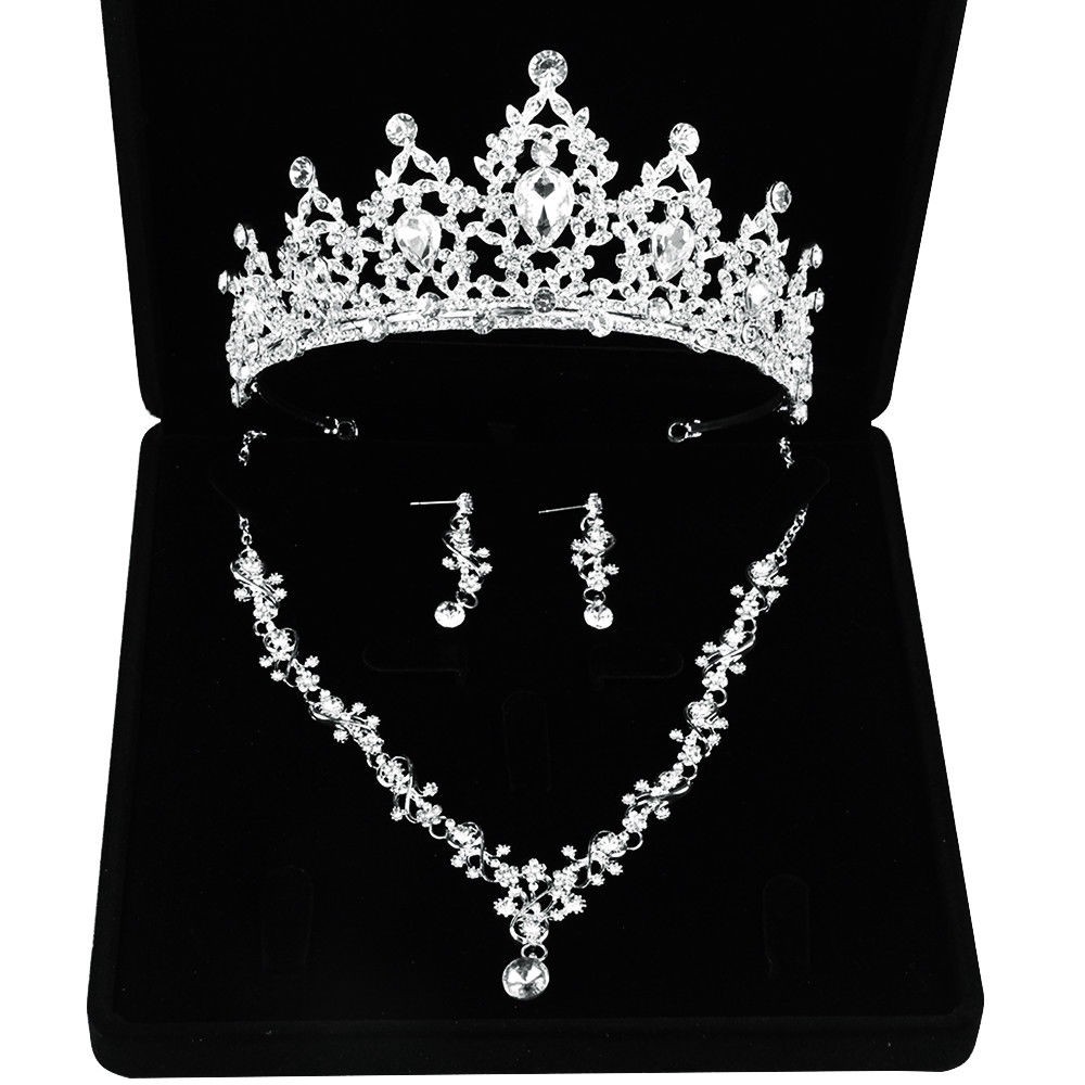 Set vòng cổ + vương miện kèm bông tai đính đá pha lê cho nữ
