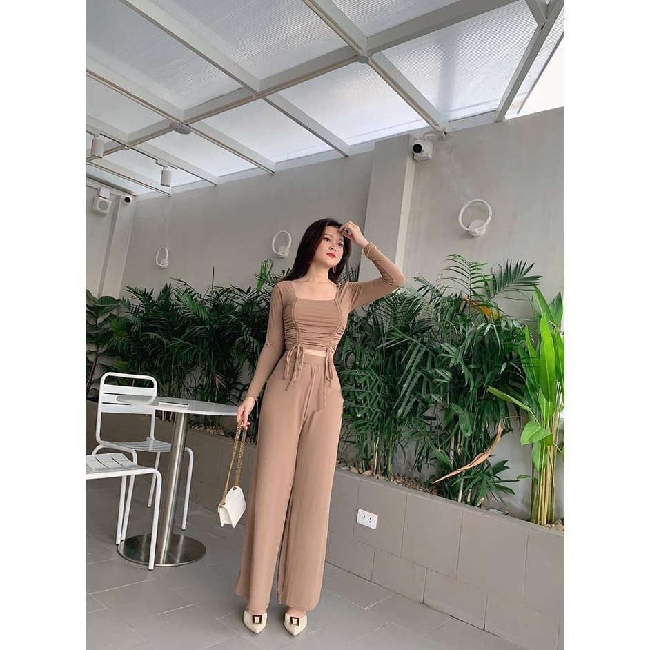 Đồ bộ nữ, set đồ bộ quần ống rộng và áo croptop ôm tay dài rút dây vải thun cotton lụa dẻo siêu mát mềm mịn dày dặn