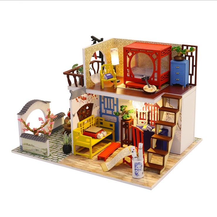 Mô hình nhà DIY Doll House Leisurely Jiangnan Kèm Mica chống bụi, Bộ dụng cụ và Keo dán