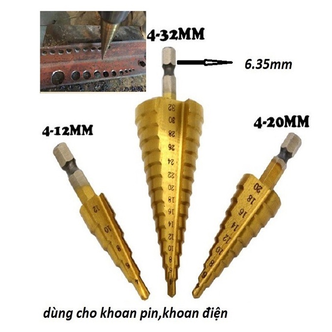 Bộ 3 mũi khoan bước tầng tháp titanium 4-32mm, thẳng, chuôi lục giác