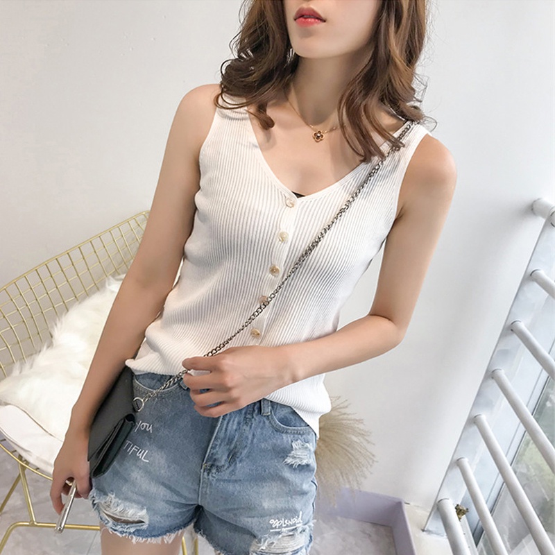 Áo Tank Top Sát Nách Cổ Chữ V Phối Nút Phía Trước Thiết Kế Quyến Rũ