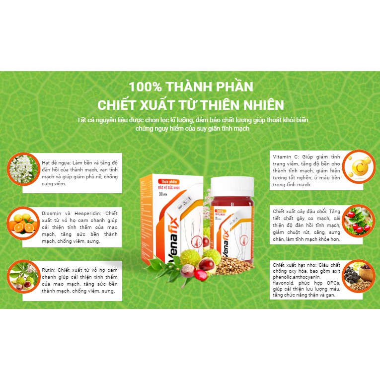 CHÍNH HÃNG VENAFIX VIÊN UỐNG ĐẨY LÙI SUY GIÃN TĨNH MẠCH TĂNG TUẦN HOÀN MÁU GIẢM ĐAU NHỨC CƠ CHÂN HIỆU QUẢ AN TOÀN