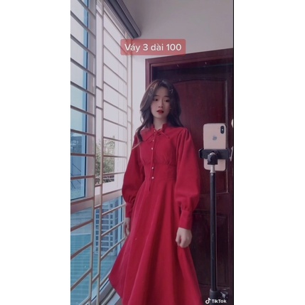 Váy nhung đỏ cổ tàu thắt nơ