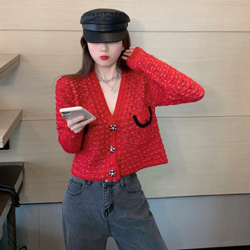 Áo Khoác Cardigan Len Đỏ Túi Hộp LSEOUL K0301 Chất Dày Dặn Cá Tính