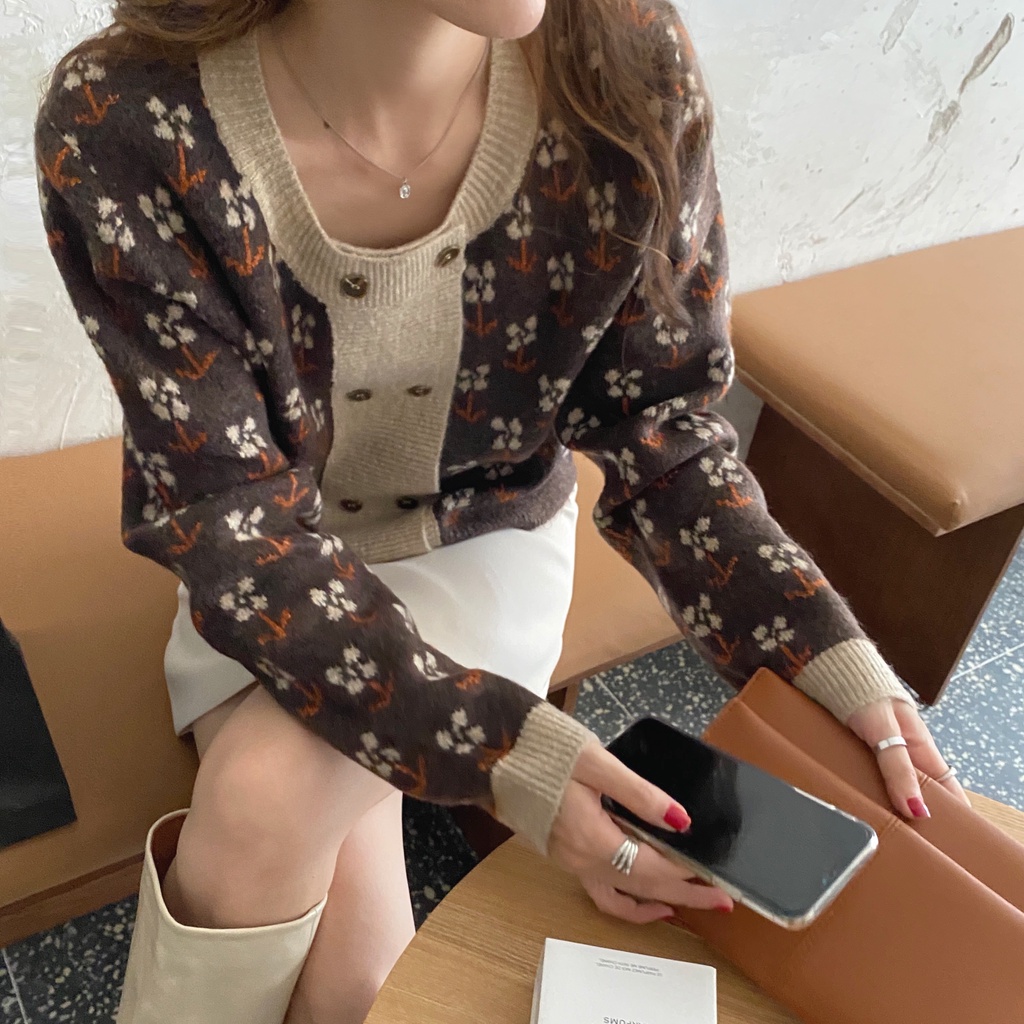 Áo cardigan len họa tiết boho hoa nhí