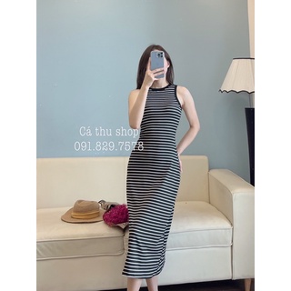 Váy maxi thun kẻ đen trắng