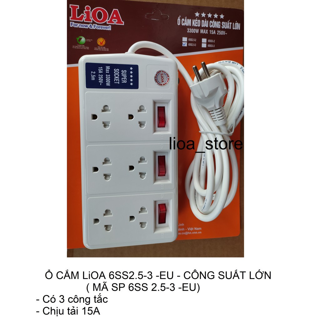 Ổ CẮM LiOA 6 Ổ 3 CHẤU - CÔNG SUẤT LỚN ( MÃ SP : 6SS2.5-2 và 6ss2.5-3).