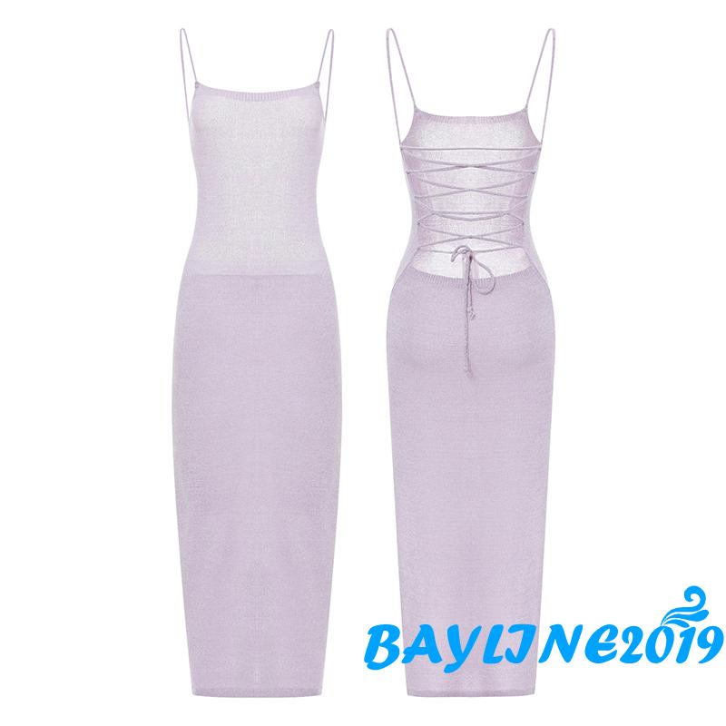 BAY-Women Close-fitting Solid Color One-piece, Spaghetti Strap Sleeveless Slit Dress, S/ M/ L