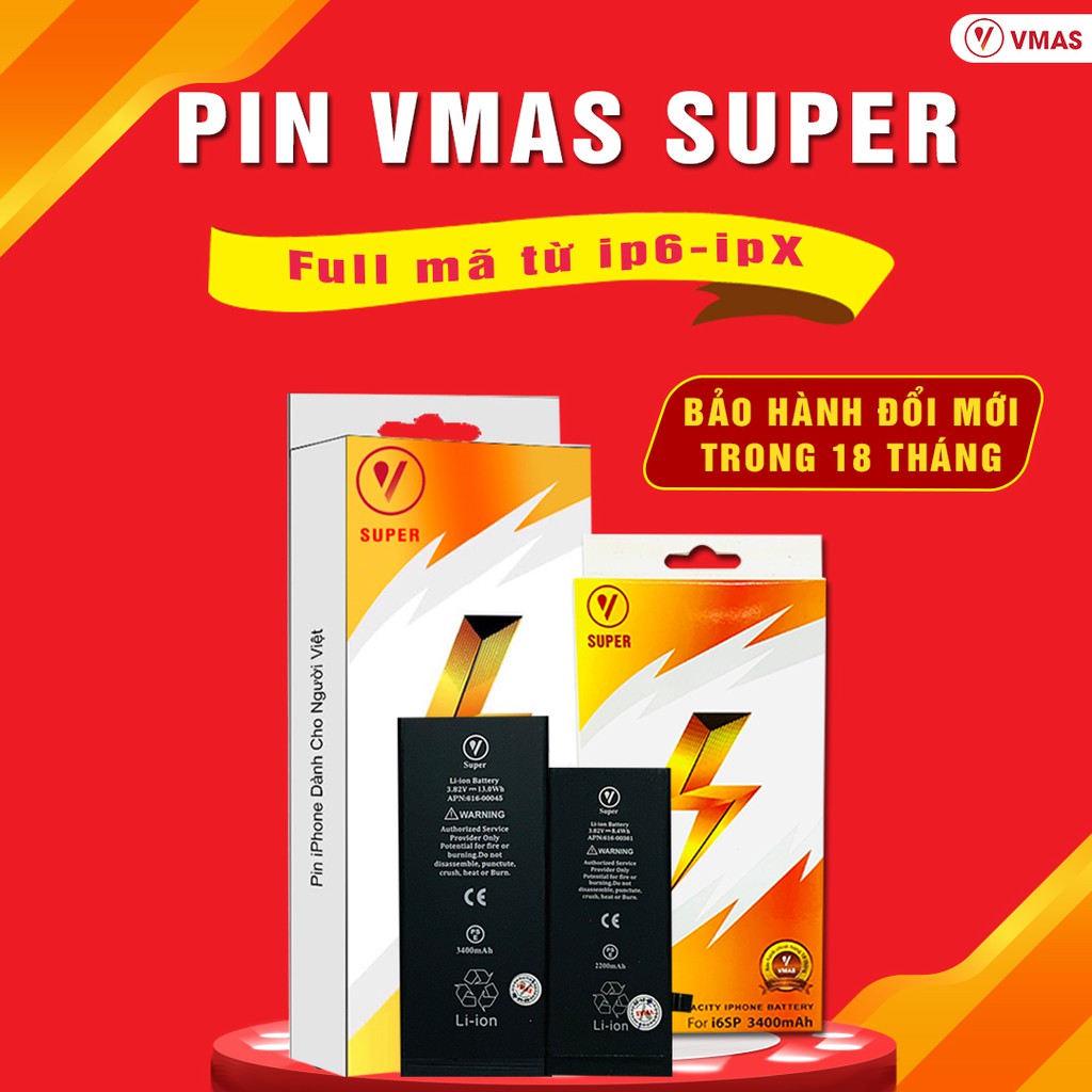Pin táo VMAS Super 7/7P/8/8P dung lượng cao, nâng thời gian sử dụng dài hơn - bảo hành 12 tháng