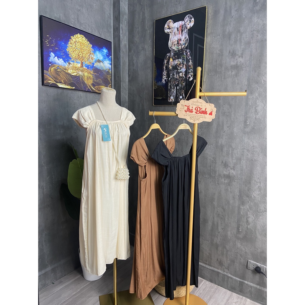Váy hai dây bản to tay hến vải đũi thấm hút mồ hôi dáng dài maxi 3 màu tôn da, đầm suông tay hến dáng dài