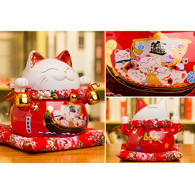 Mèo thần tài Đa Phú Quý màu đỏ 25cm giơ 2 tay chuông vàng tài lộc gốm sứ Maneki neko