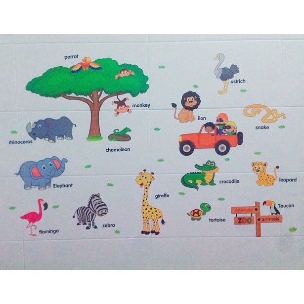 Decal chi tiết dán tường hình Thú cho bé học tiếng Anh