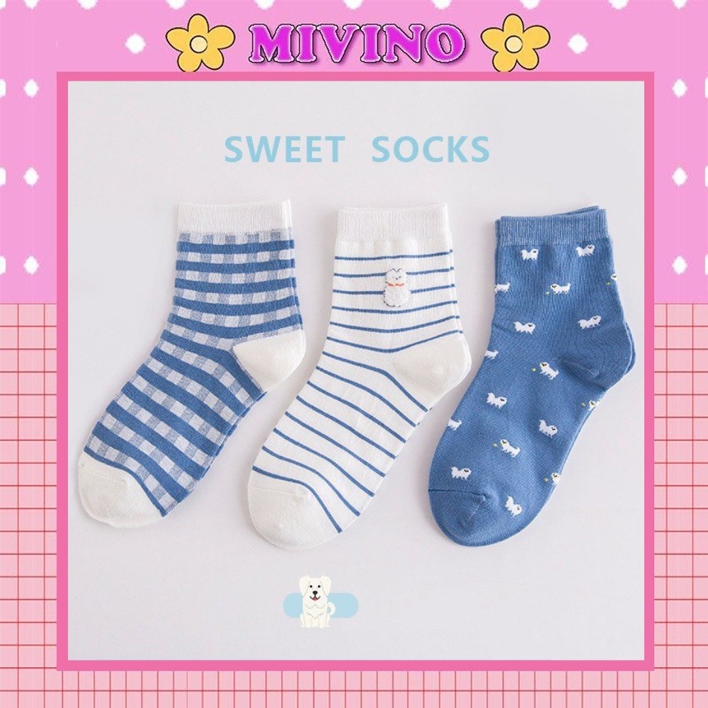 Set 3 đôi vớ nữ Mivino tất cổ cao hàn quốc xanh trẻ trung TN93
