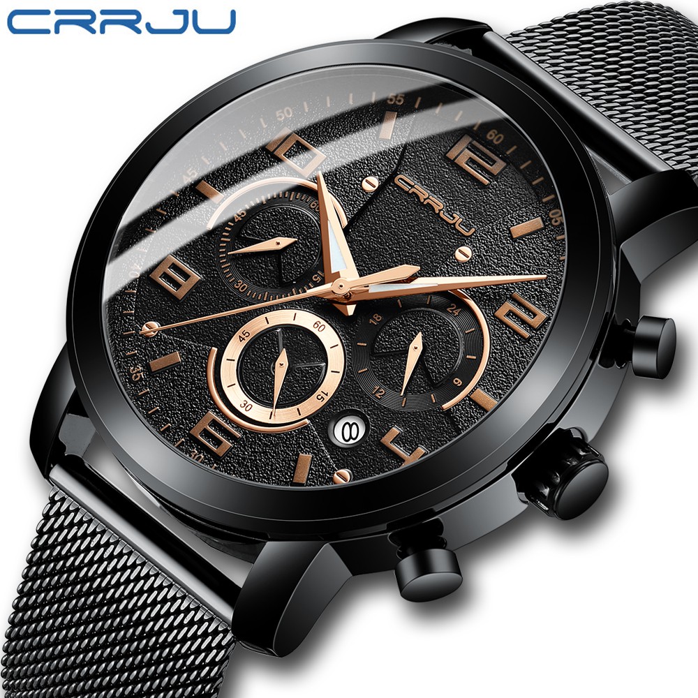 CRRJU Men's Watch Multifunctional Fashion Luxury Stainless Steel Waterproof Quartz Luminous 2289G