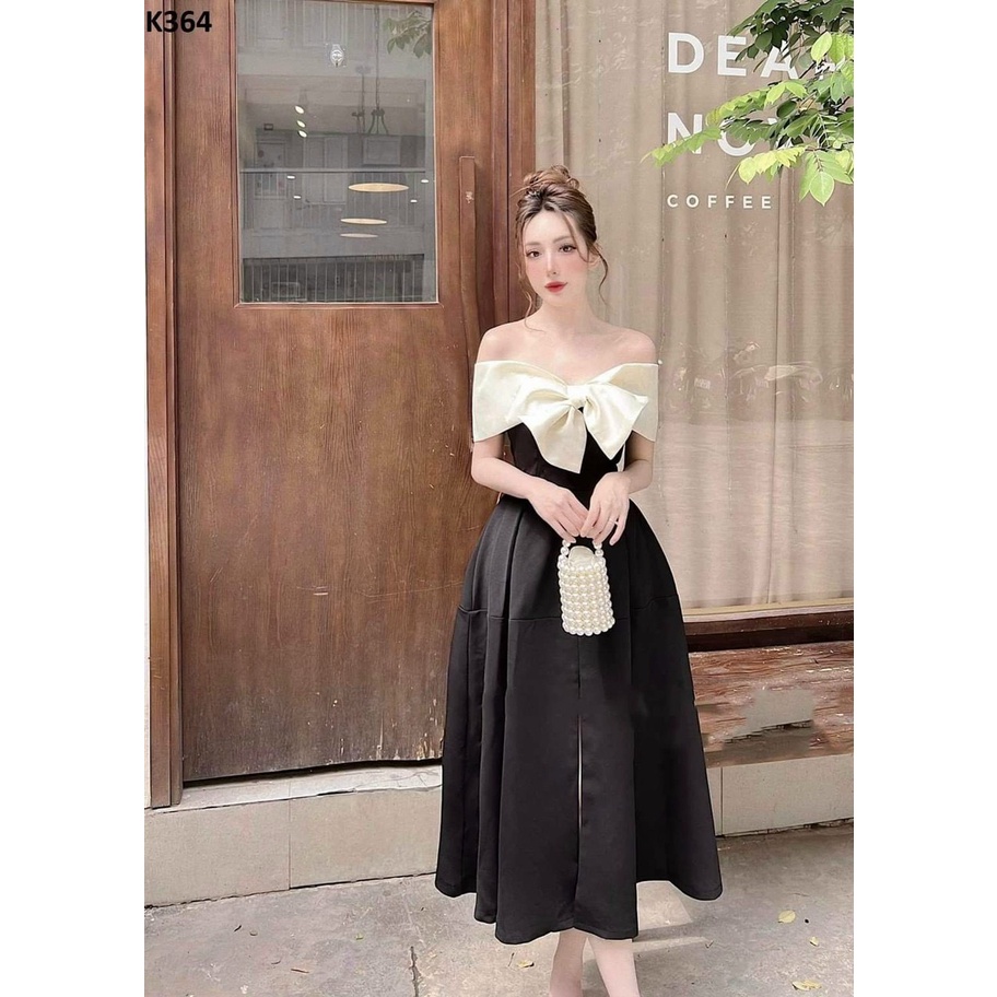 Đầm Xòe Trễ Vai Nơ Ngực Có Mút