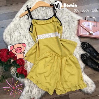 Đồ bộ ngắn mặc nhà vải kate kiểu yếm dây cột - domin