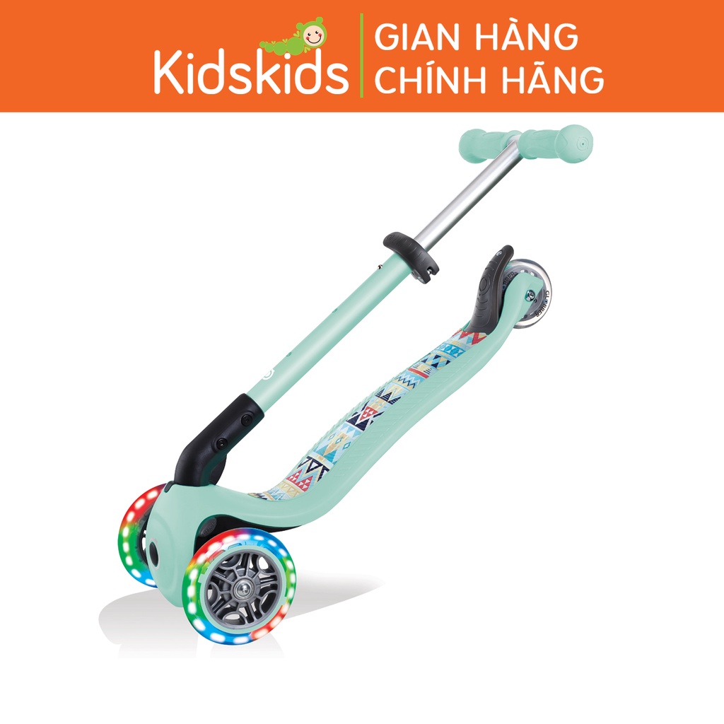 Xe trượt scooter 3 bánh gấp gọn bánh xe phát sáng Globber Junior Fantasy cho trẻ em từ 2-6 tuổi – Họa tiết dân tộc/Xanh
