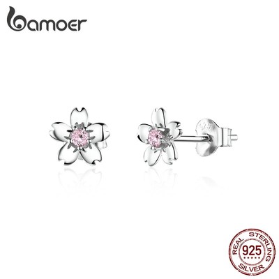 BAMOER Bông Tai bạc 925 Hình Hoa Anh Đào Dễ Thương Phong Cách Hàn Quốc Cho Nữ sce784