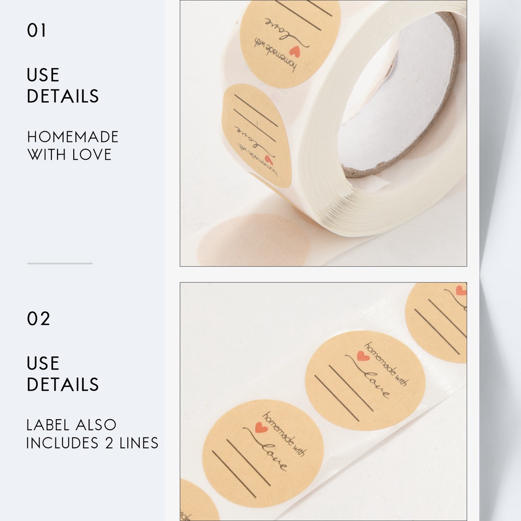 Cuộn 500 nhãn dán hình tròn 1 inch in chữ 'homemade with love' dùng làm thủ công