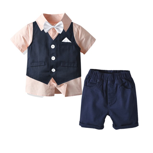 Set Áo Sơ Mi Thắt Nơ + Quần Short Cho Bé Trai 90-130