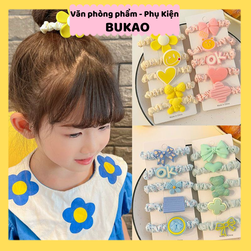 Set 5 dây cột tóc voan hoa gắn hình cho bé scrunchies hoa