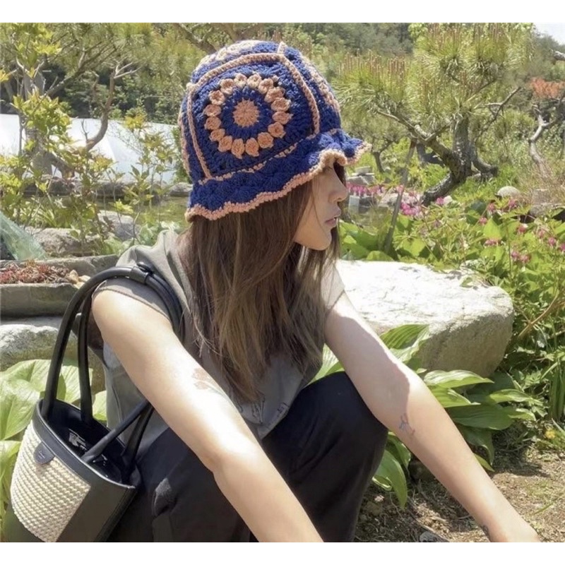 Nón bucket len móc cao cấp hoa cúc lớn