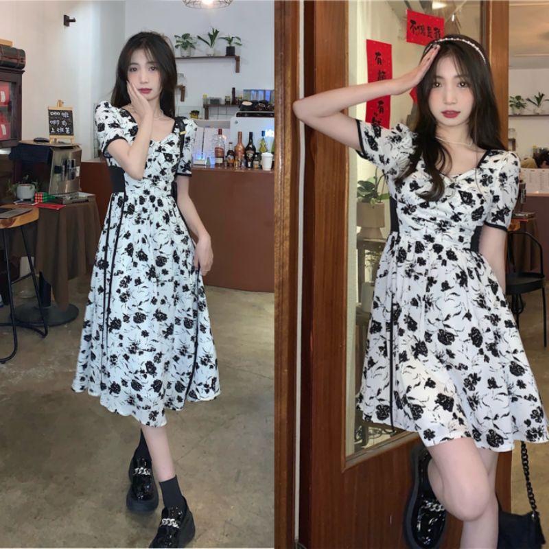 Váy hoa nhí xoè dáng dài và ngắn đen trắng eo buộc dây