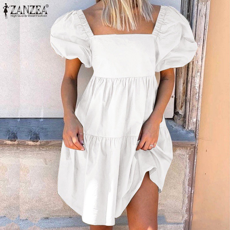 Đầm ZANZEA mini cổ vuông tay phồng có thun co giãn màu trơn thời trang dành cho nữ