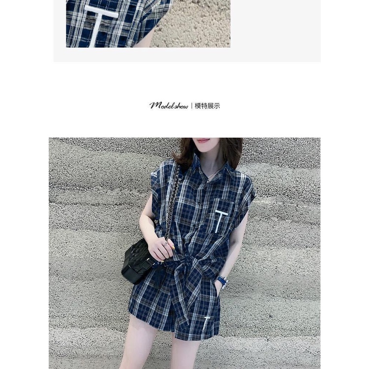 Set áo quần short sơ mi kẻ sọc caro trẻ trung thời trang mùa hè châu Âu cho nữ giới mũm mĩm