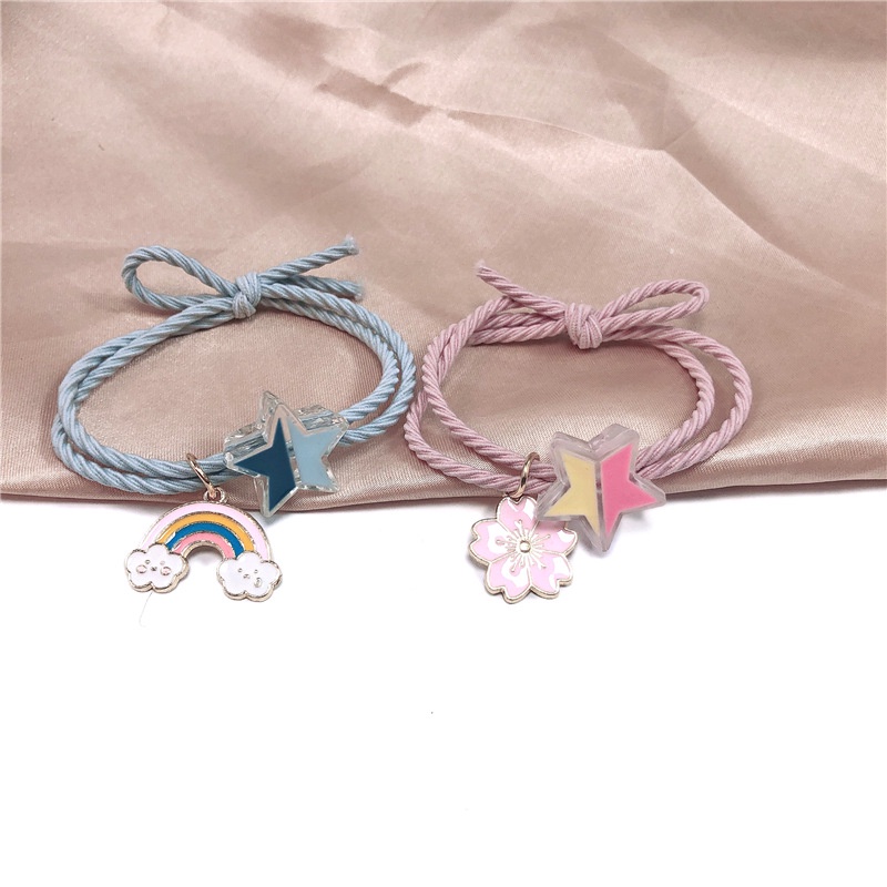 Dây Buộc Tóc Cao Su Co Giãn Đính Hoa Màu Cầu Vồng Xinh Xắn Cho Nữ