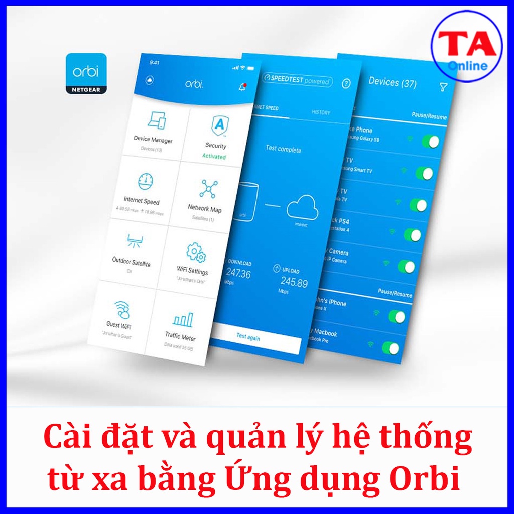 Netgear Orbi Mesh WiFi RBK53 - Bộ phát WiFi Tri-band chuẩn AC 3000 Mbps - 1 Router (RBR50) và 2 Satellites (RBS50)