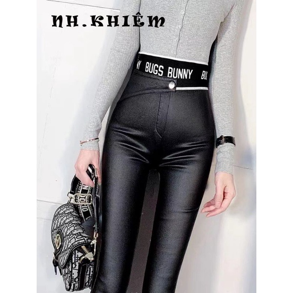 Quần da legging cạp chữ có lót nỉ mỏng