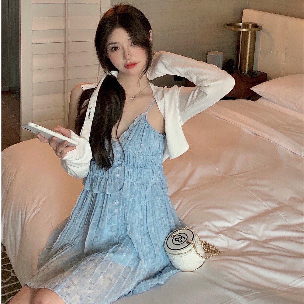 Set đầm hoa hai dây xếp ly + áo khoác cardigan Perty phong cách Hàn Quốc thời trang cao cấp cho nữ
